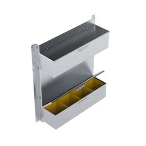 <ul><li>4 1/2"p X 20"l X 21 3/4"h</li><li>vient avec 8 bacs en plastiqie</li></ul>
